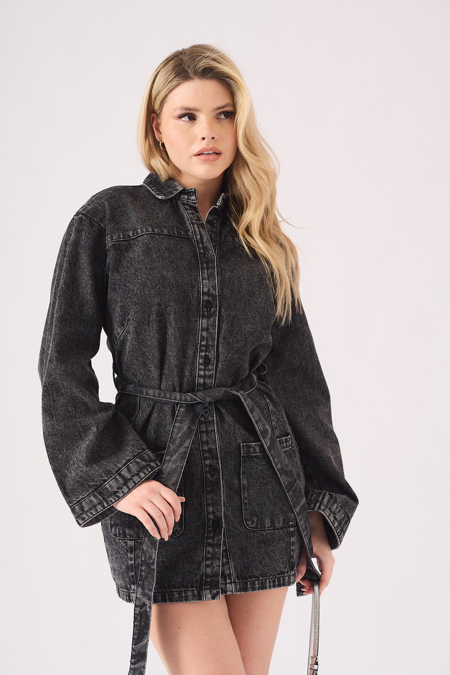 LONG SLEEVE WRAP DRESS - BLACK -  Women's Denim Dresses
