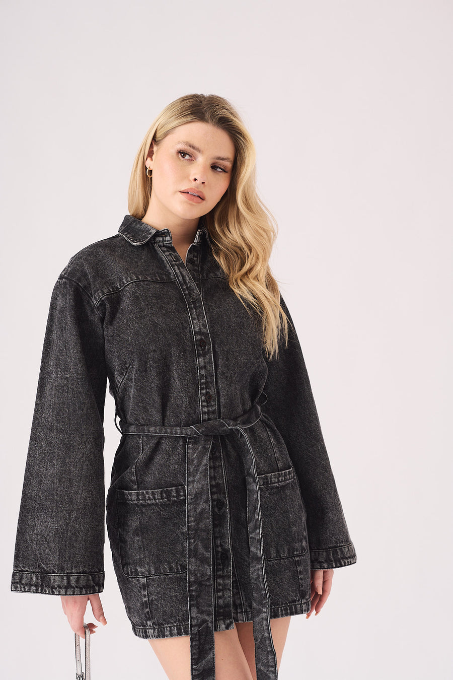 LONG SLEEVE WRAP DRESS - BLACK -  Women's Denim Dresses