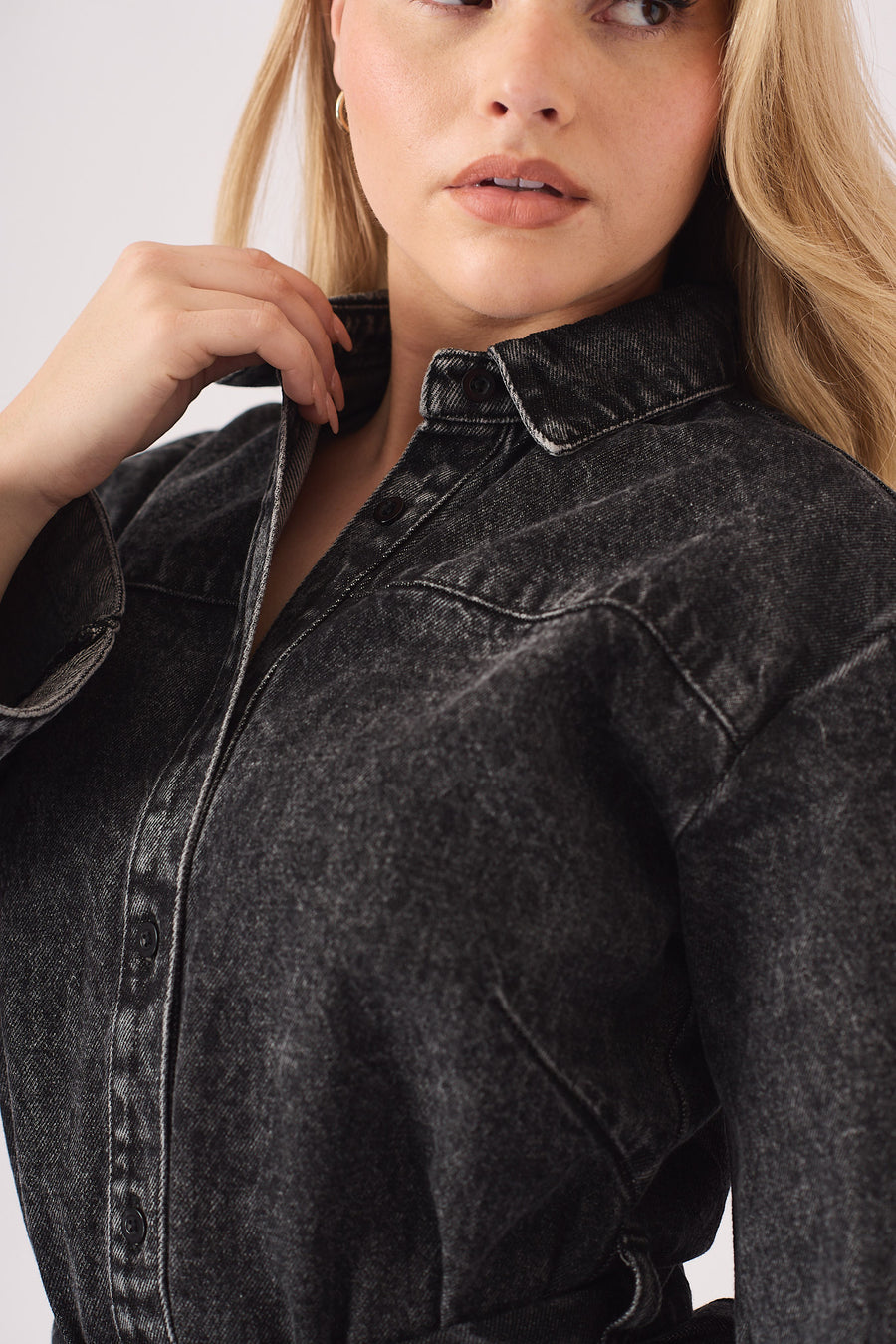 LONG SLEEVE WRAP DRESS - BLACK -  Women's Denim Dresses