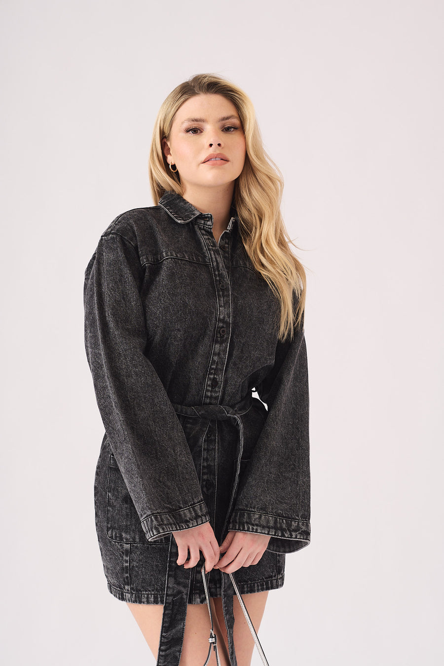 LONG SLEEVE WRAP DRESS - BLACK -  Women's Denim Dresses