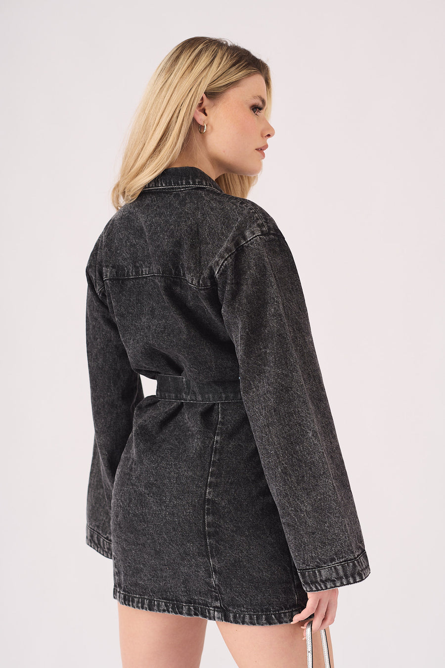 LONG SLEEVE WRAP DRESS - BLACK -  Women's Denim Dresses