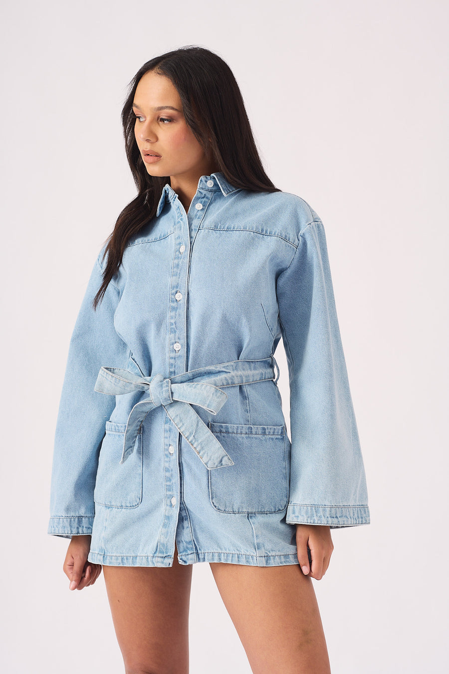LONG SLEEVE WRAP DRESS  - LIGHT BLUE -  Women's Denim Dresses