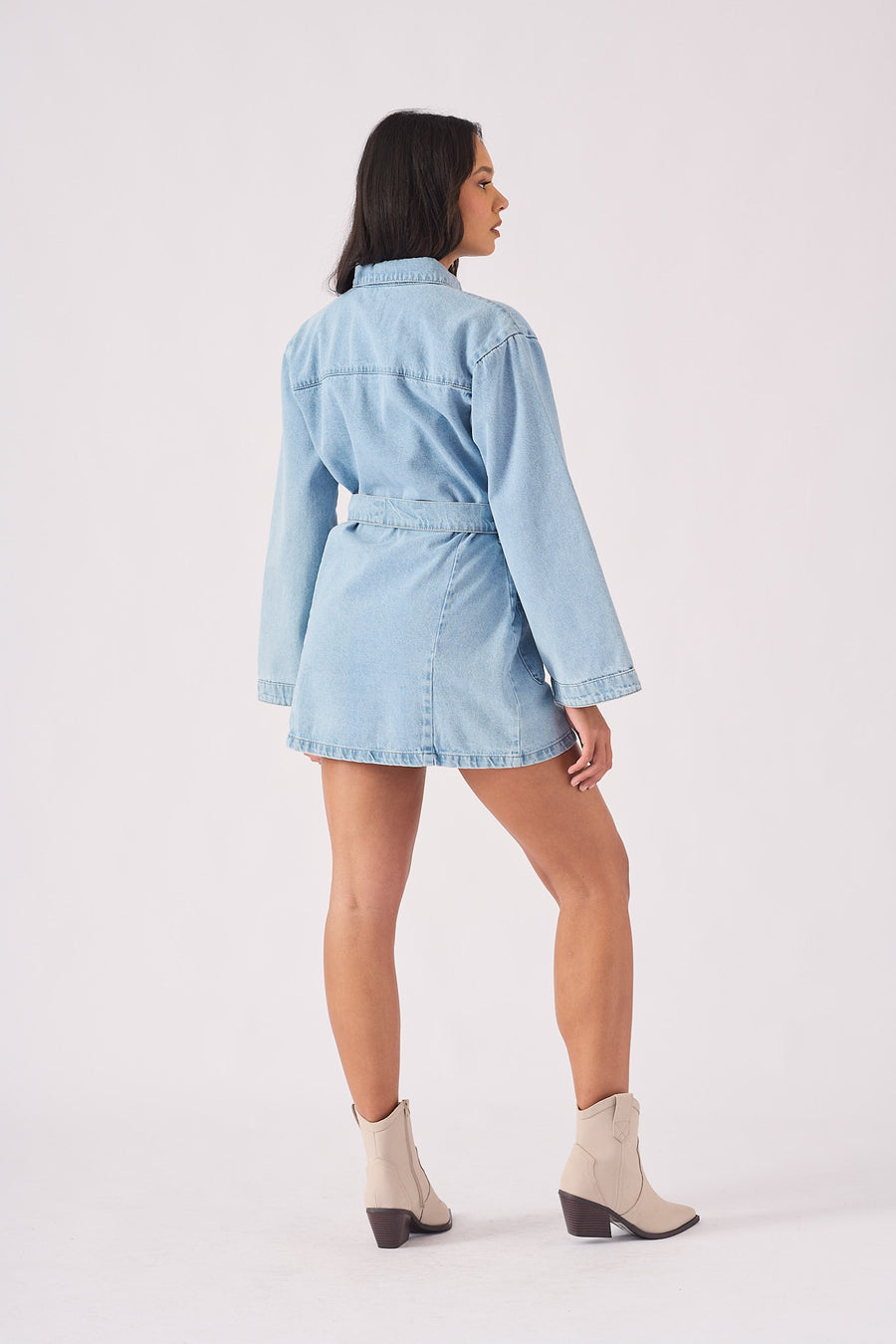 LONG SLEEVE WRAP DRESS  - LIGHT BLUE -  Women's Denim Dresses