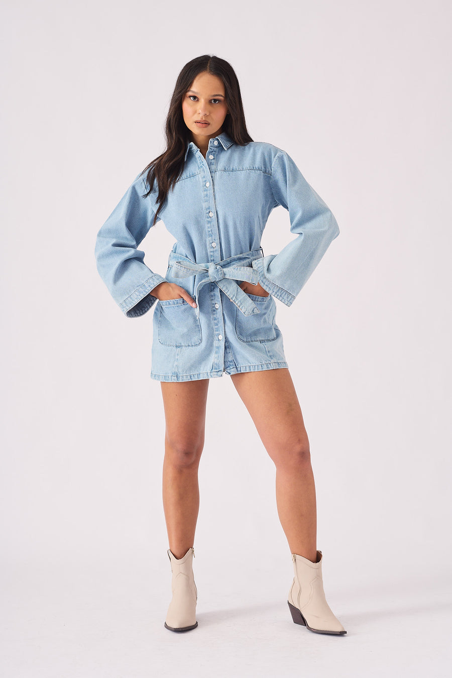 LONG SLEEVE WRAP DRESS  - LIGHT BLUE -  Women's Denim Dresses