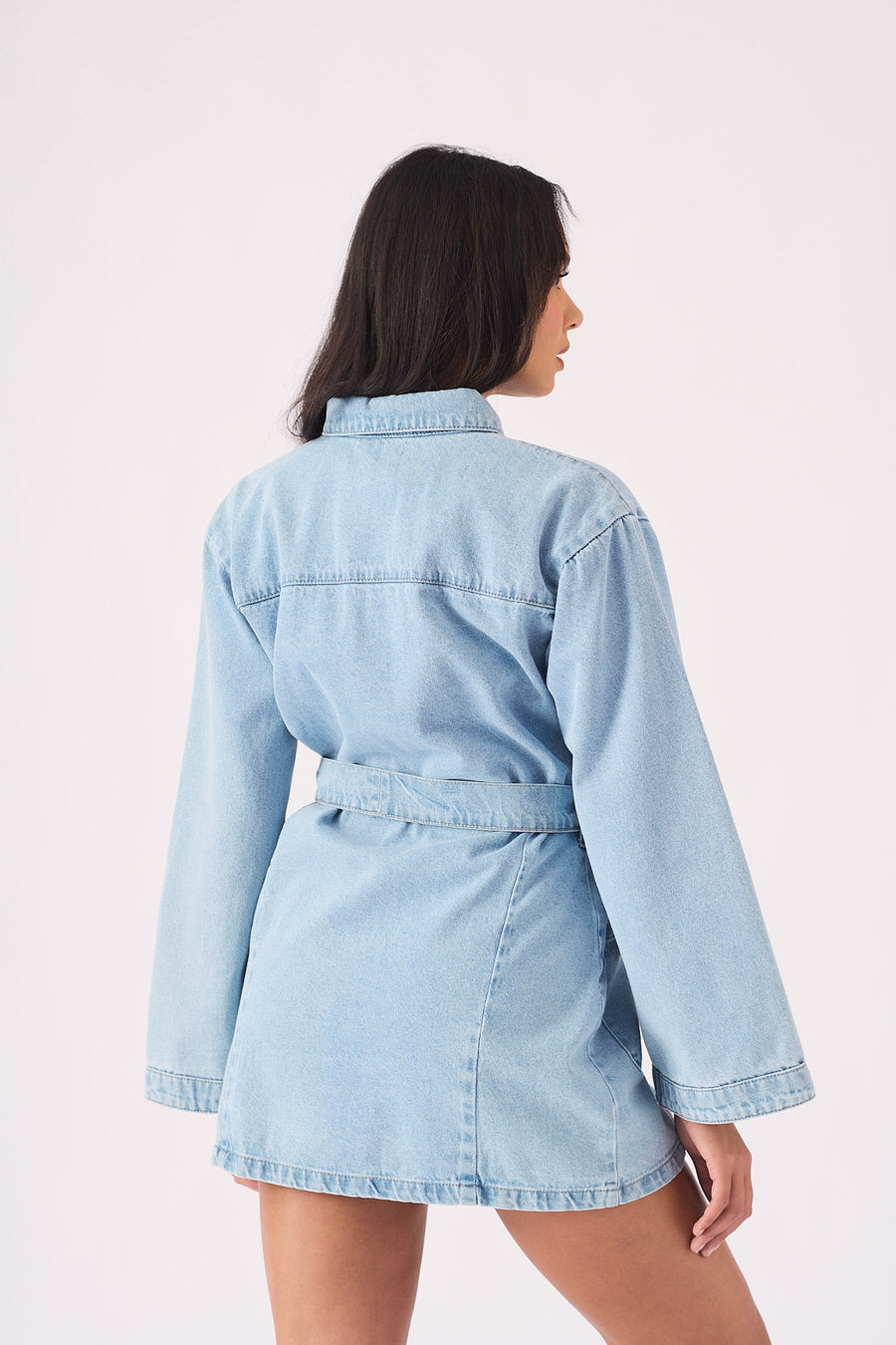 LONG SLEEVE WRAP DRESS  - LIGHT BLUE -  Women's Denim Dresses