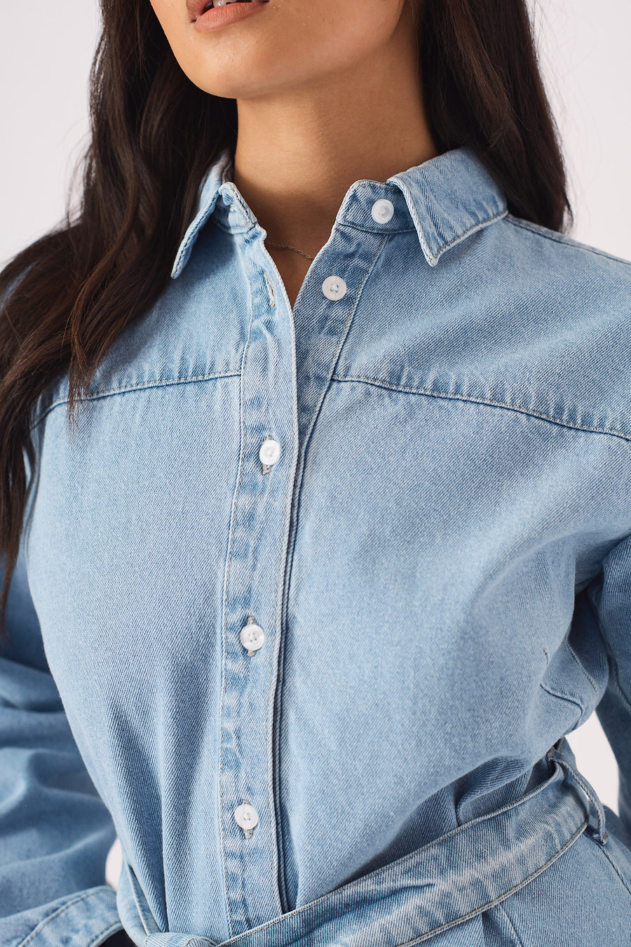 LONG SLEEVE WRAP DRESS  - LIGHT BLUE -  Women's Denim Dresses