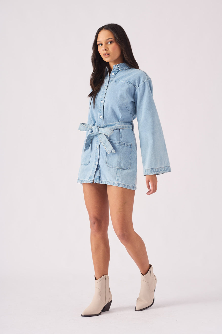LONG SLEEVE WRAP DRESS  - LIGHT BLUE -  Women's Denim Dresses