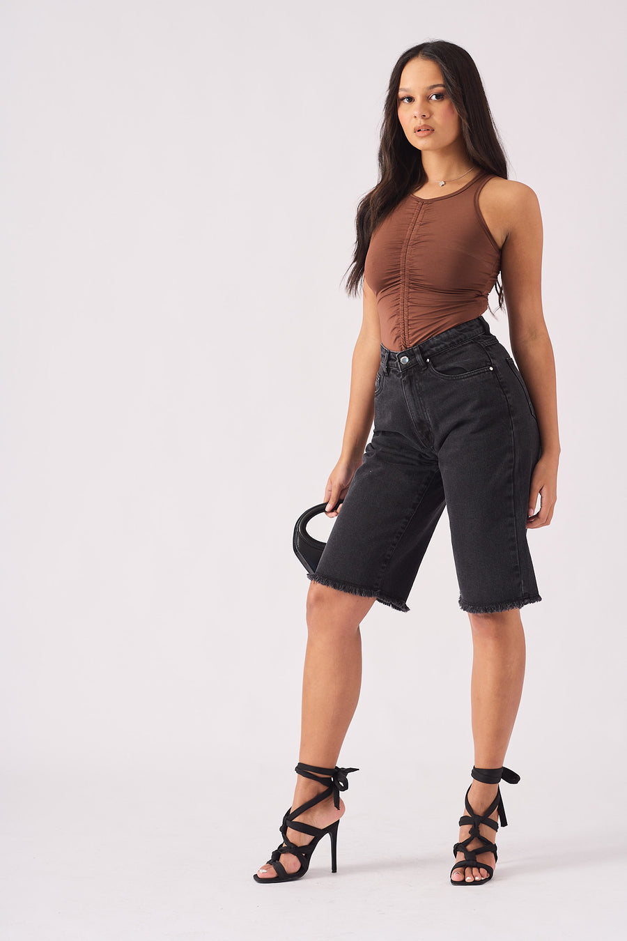 Long Line Denim Jorts  - BLACK -  Women's Denim Shorts