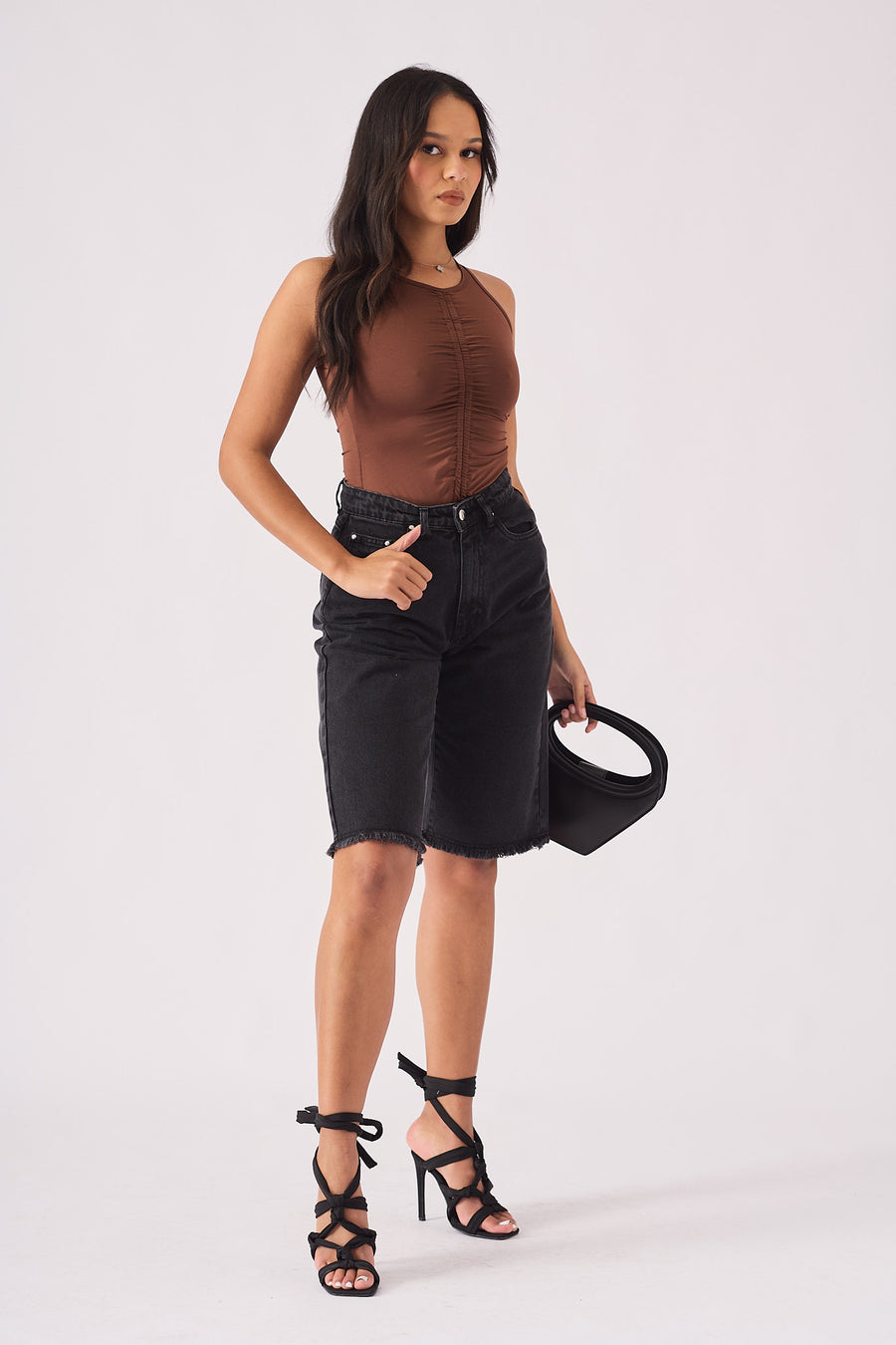Long Line Denim Jorts  - BLACK -  Women's Denim Shorts