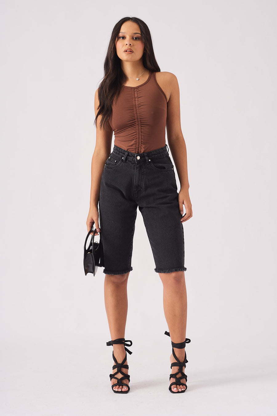 Long Line Denim Jorts  - BLACK -  Women's Denim Shorts