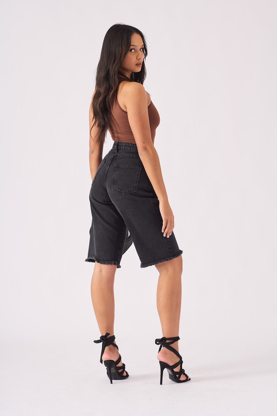 Long Line Denim Jorts  - BLACK -  Women's Denim Shorts