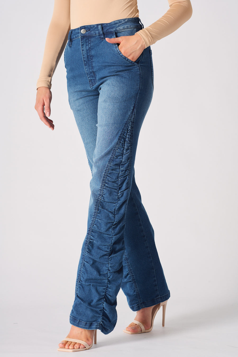 MAIA Ruched High Waisted Flare Jeans - Mid Blue -  Women's Flare Jeans