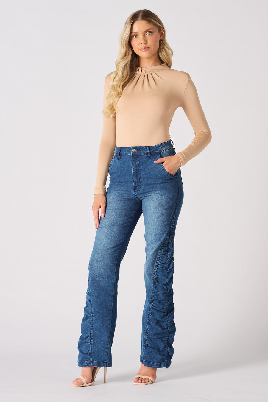 MAIA Ruched High Waisted Flare Jeans - Mid Blue -  Women's Flare Jeans