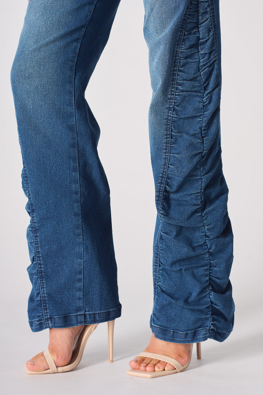 MAIA Ruched High Waisted Flare Jeans - Mid Blue -  Women's Flare Jeans