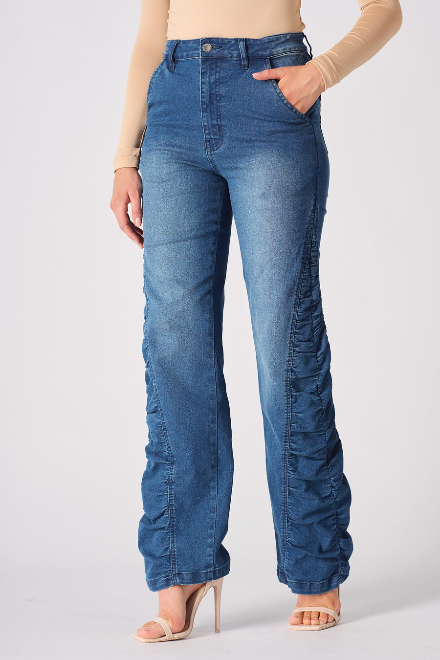 MAIA Ruched High Waisted Flare Jeans - Mid Blue -  Women's Flare Jeans