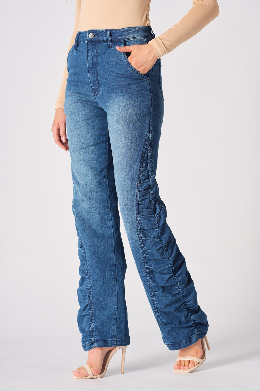MAIA Ruched High Waisted Flare Jeans - Mid Blue -  Women's Flare Jeans
