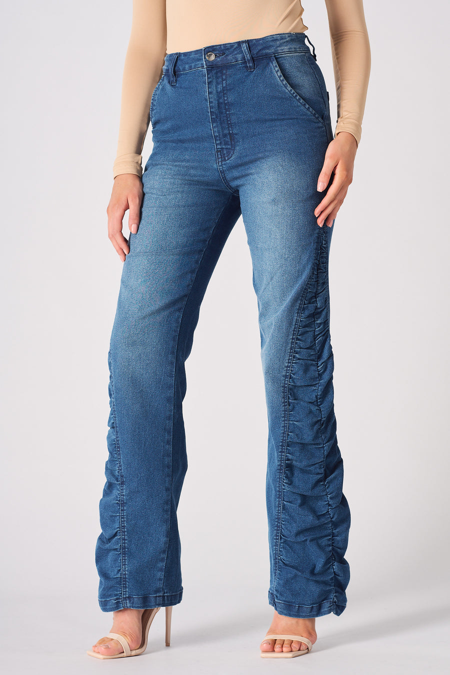 MAIA Ruched High Waisted Flare Jeans - Mid Blue -  Women's Flare Jeans
