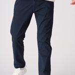 Detailed front shot of the navy blue chinos slim fit from waist down.