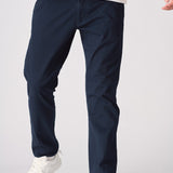 Detailed front shot of the navy blue chinos slim fit from waist down.