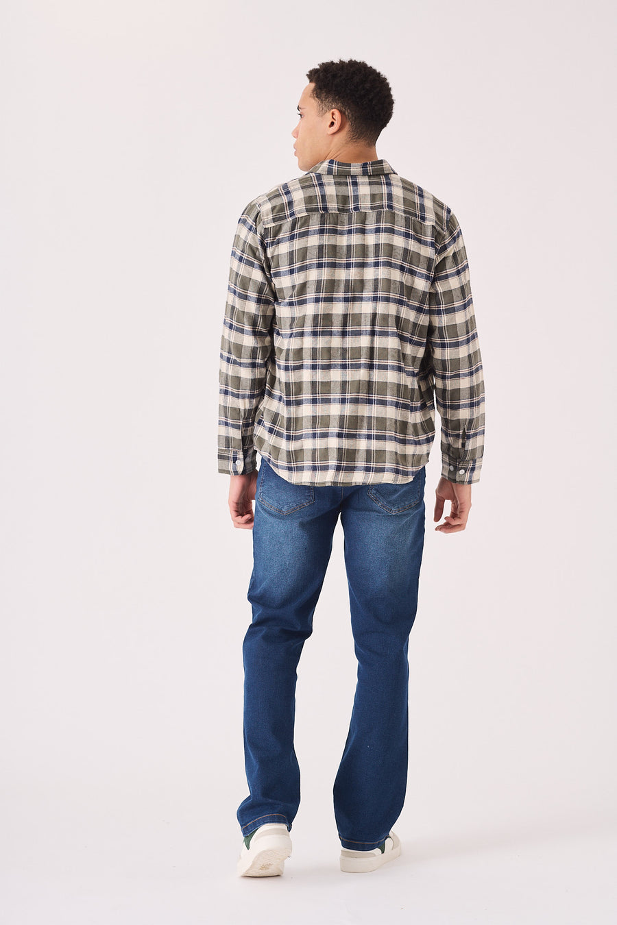 PLAID FLANNEL CHECK SHIRT - OLIVE GREEN, NAVY AND WHITE -  Men's Check Shirts