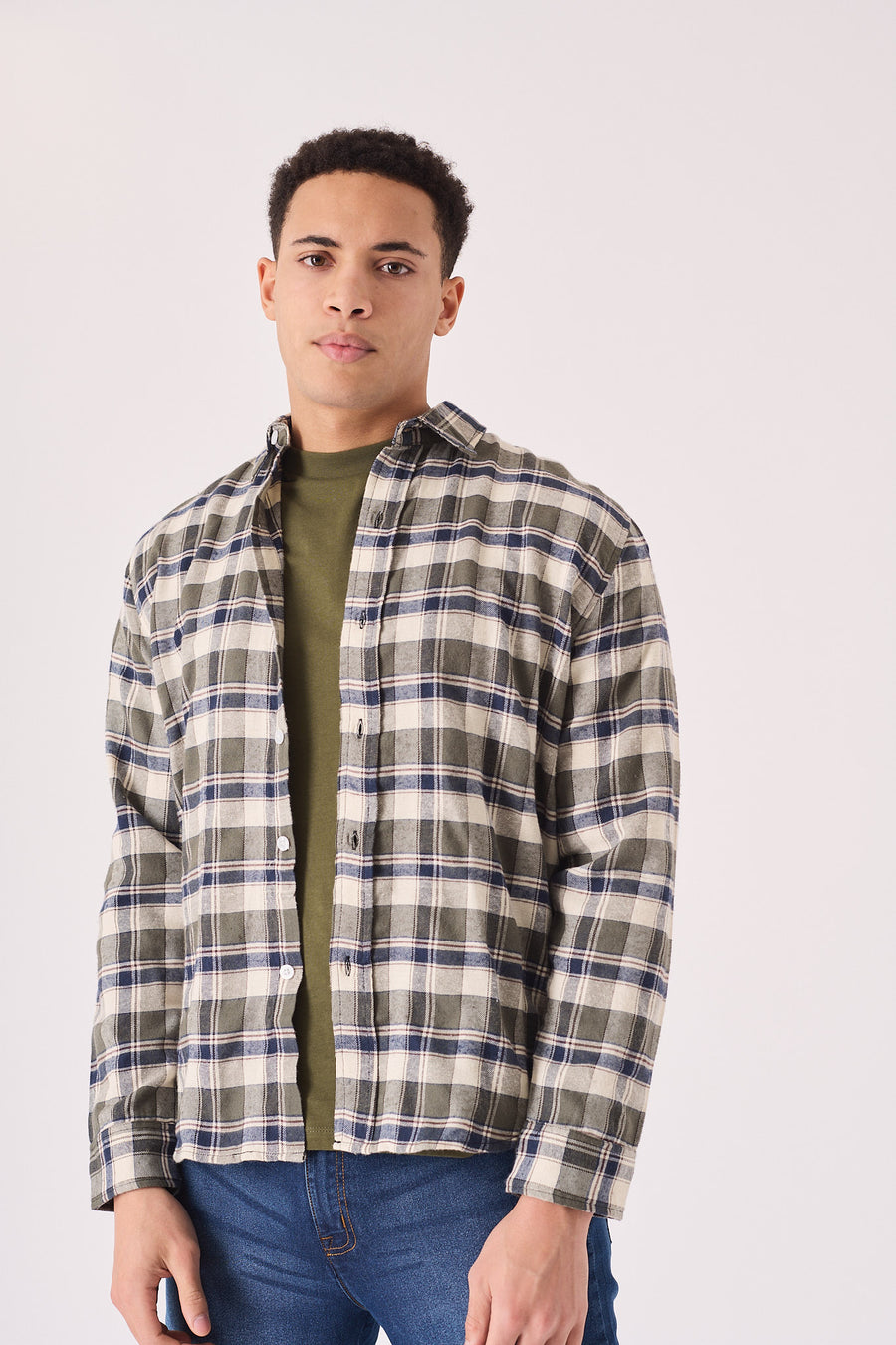 PLAID FLANNEL CHECK SHIRT - OLIVE GREEN, NAVY AND WHITE -  Men's Check Shirts