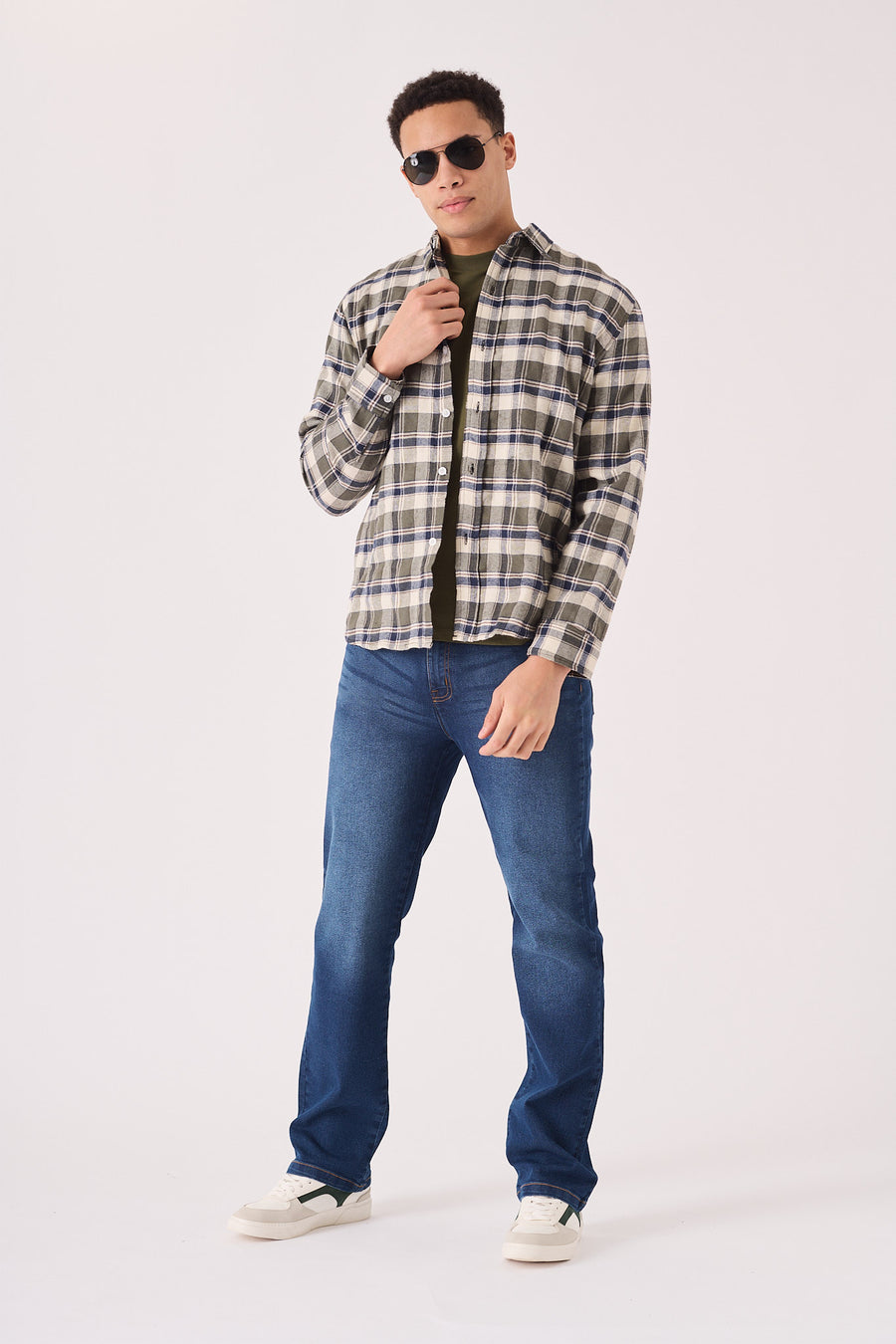 PLAID FLANNEL CHECK SHIRT - OLIVE GREEN, NAVY AND WHITE -  Men's Check Shirts