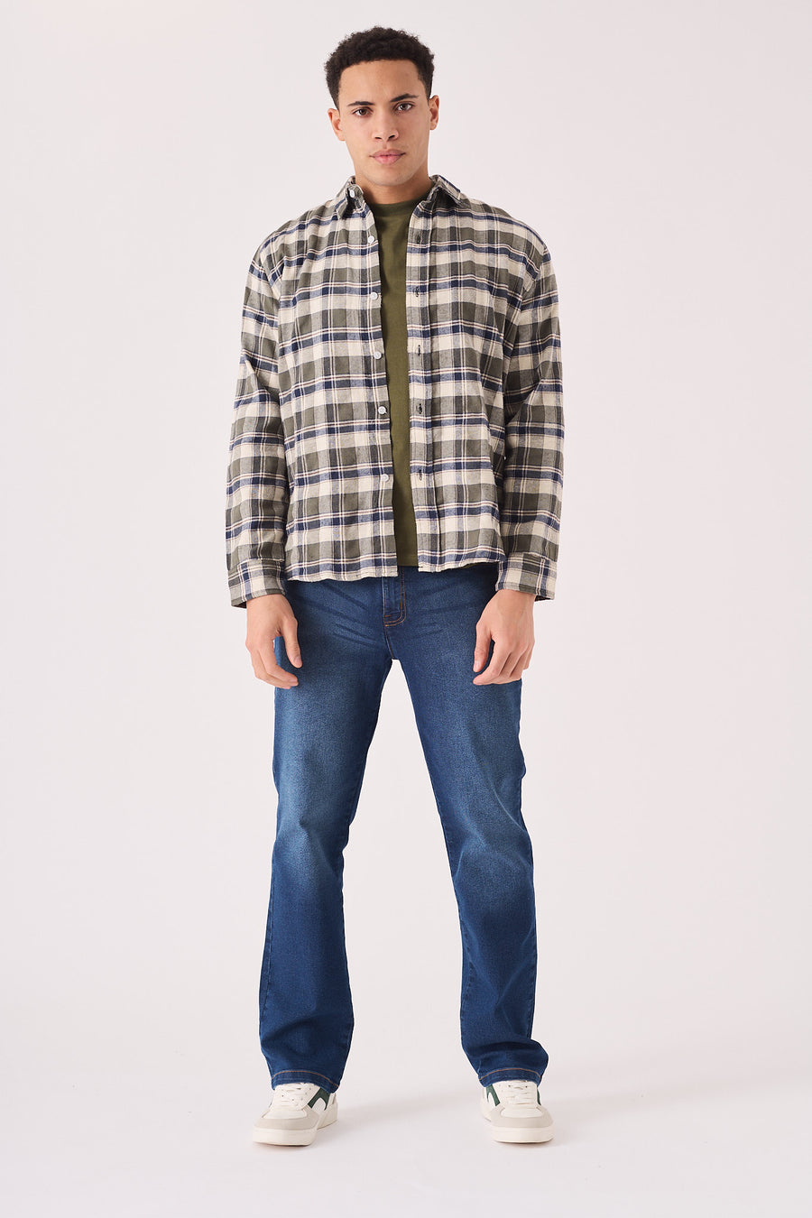 PLAID FLANNEL CHECK SHIRT - OLIVE GREEN, NAVY AND WHITE -  Men's Check Shirts