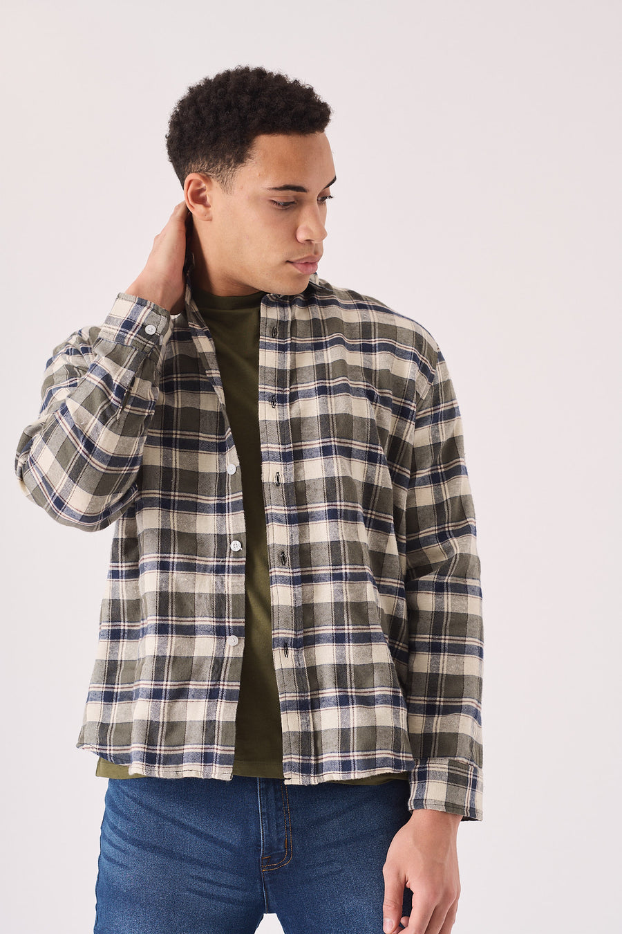PLAID FLANNEL CHECK SHIRT - OLIVE GREEN, NAVY AND WHITE -  Men's Check Shirts