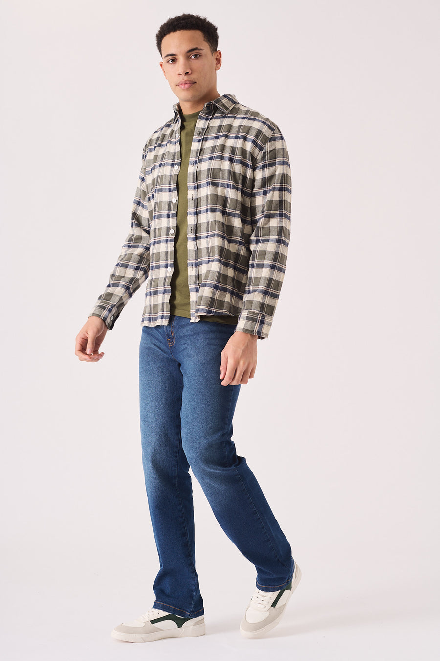 PLAID FLANNEL CHECK SHIRT - OLIVE GREEN, NAVY AND WHITE -  Men's Check Shirts