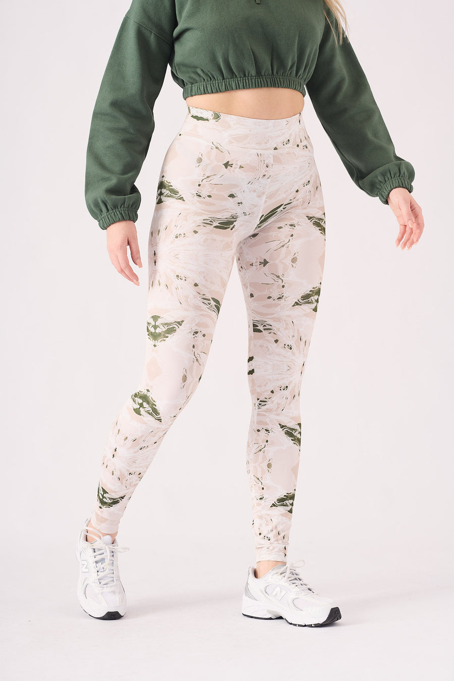 PRINTED DIPPED WAISTBAND LEGGINGS - GREEN  STONE -  Women's Athleisure Printed Legging
