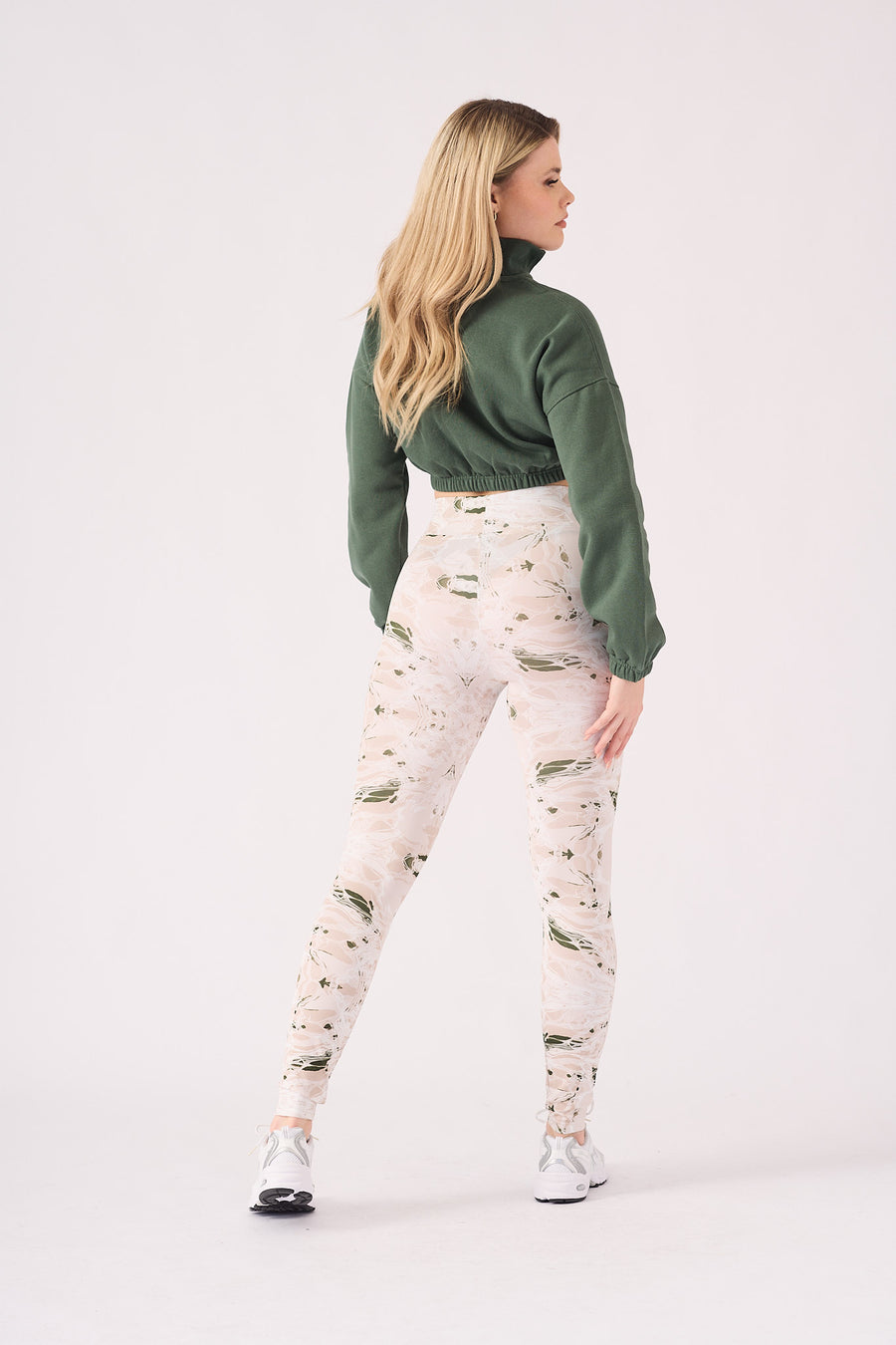 PRINTED DIPPED WAISTBAND LEGGINGS - GREEN  STONE -  Women's Athleisure Printed Legging