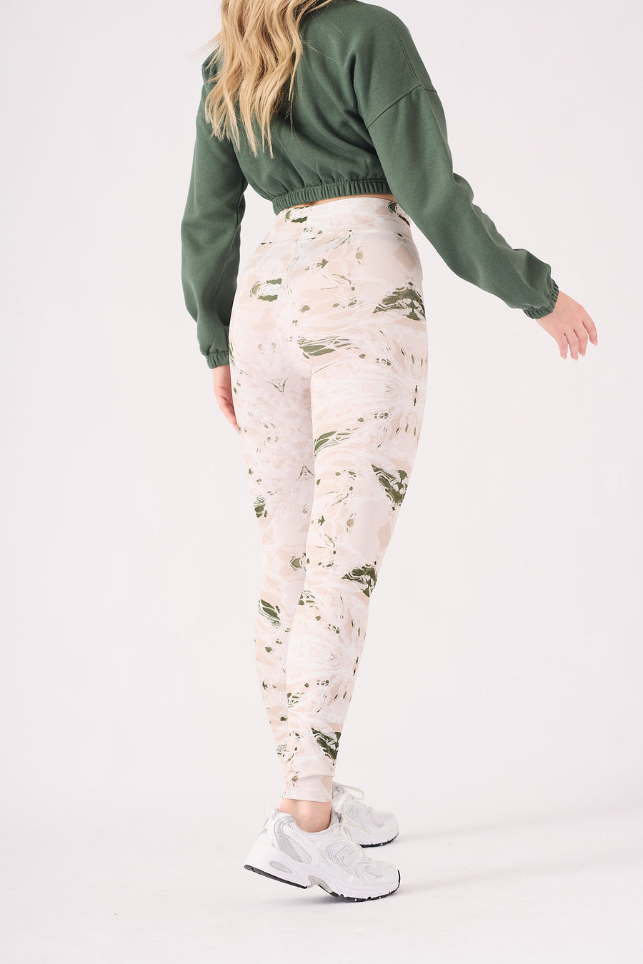 PRINTED DIPPED WAISTBAND LEGGINGS - GREEN  STONE -  Women's Athleisure Printed Legging