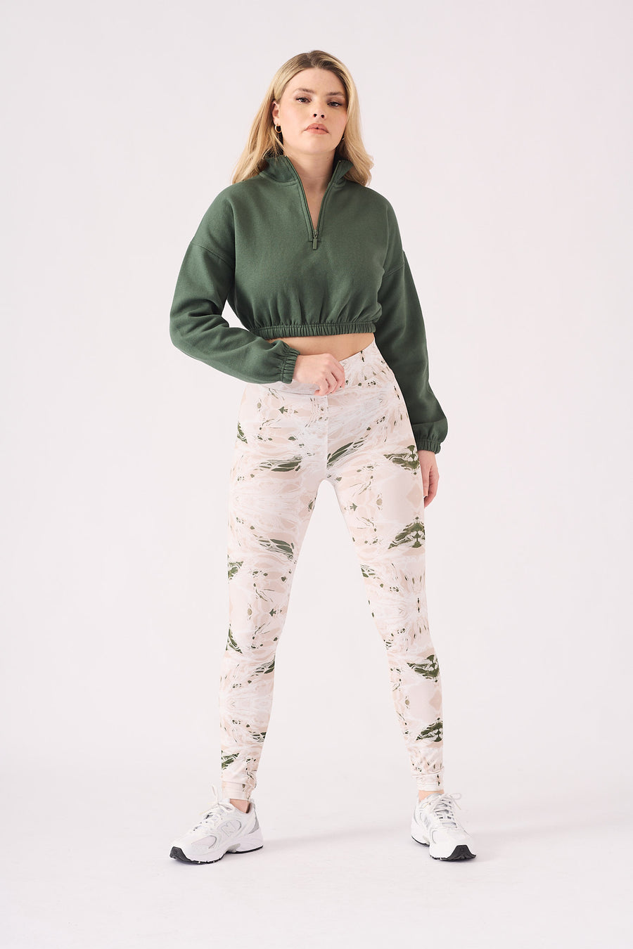 PRINTED DIPPED WAISTBAND LEGGINGS - GREEN  STONE -  Women's Athleisure Printed Legging