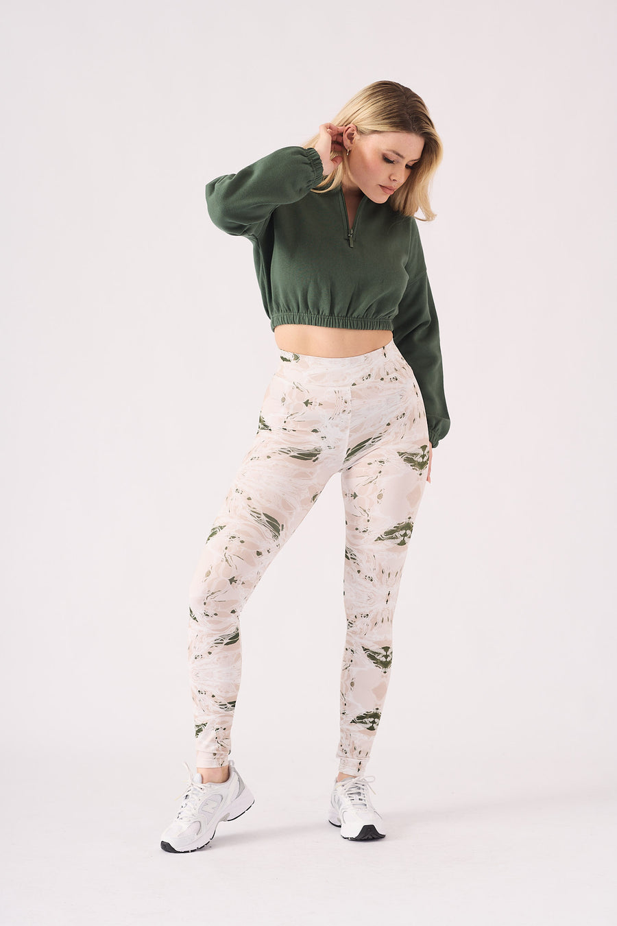PRINTED DIPPED WAISTBAND LEGGINGS - GREEN  STONE -  Women's Athleisure Printed Legging