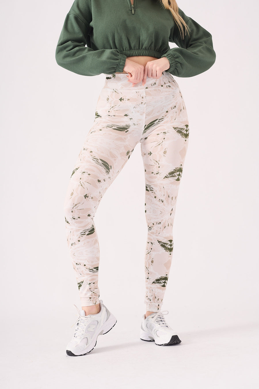 PRINTED DIPPED WAISTBAND LEGGINGS - GREEN  STONE -  Women's Athleisure Printed Legging