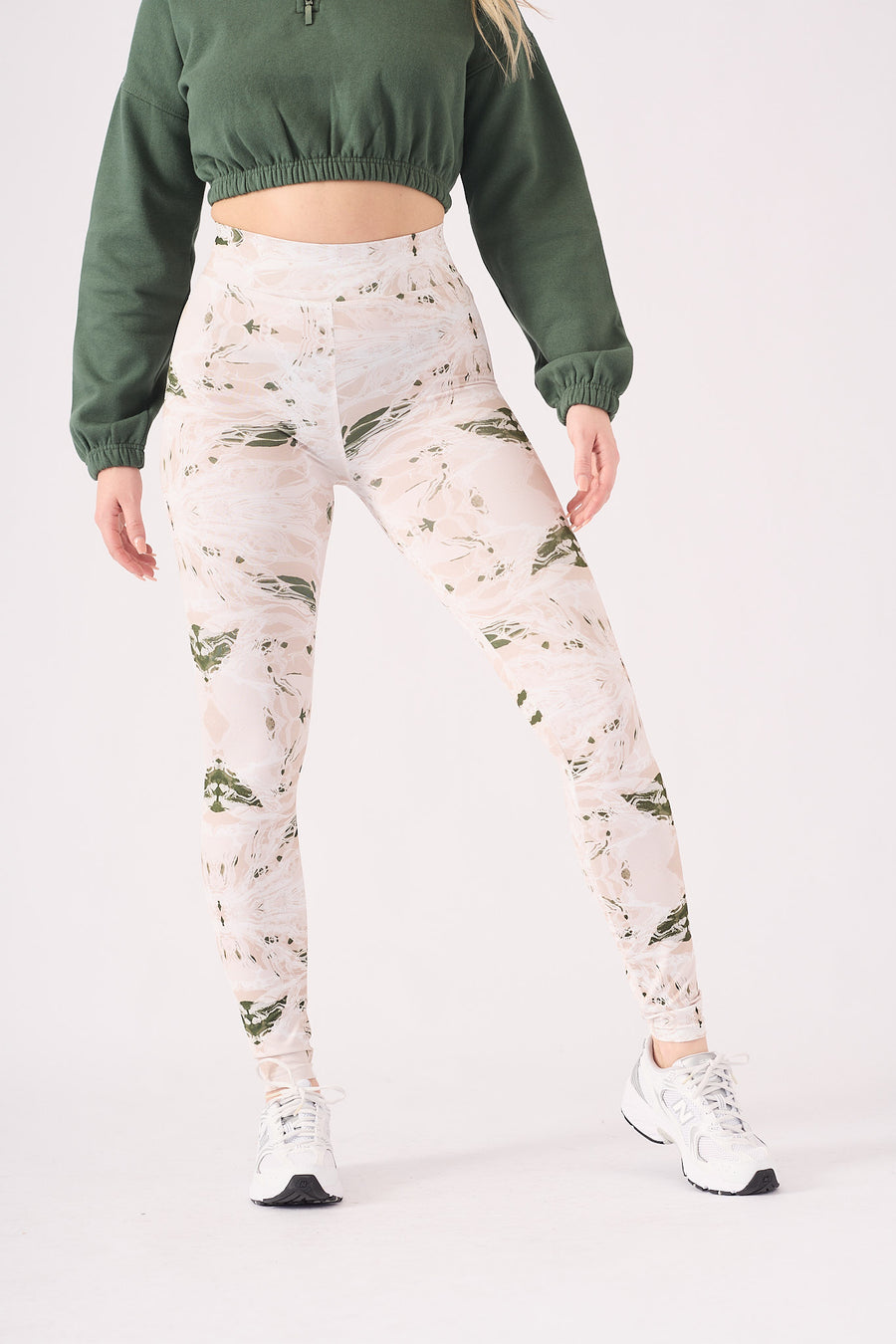 PRINTED DIPPED WAISTBAND LEGGINGS - GREEN  STONE -  Women's Athleisure Printed Legging