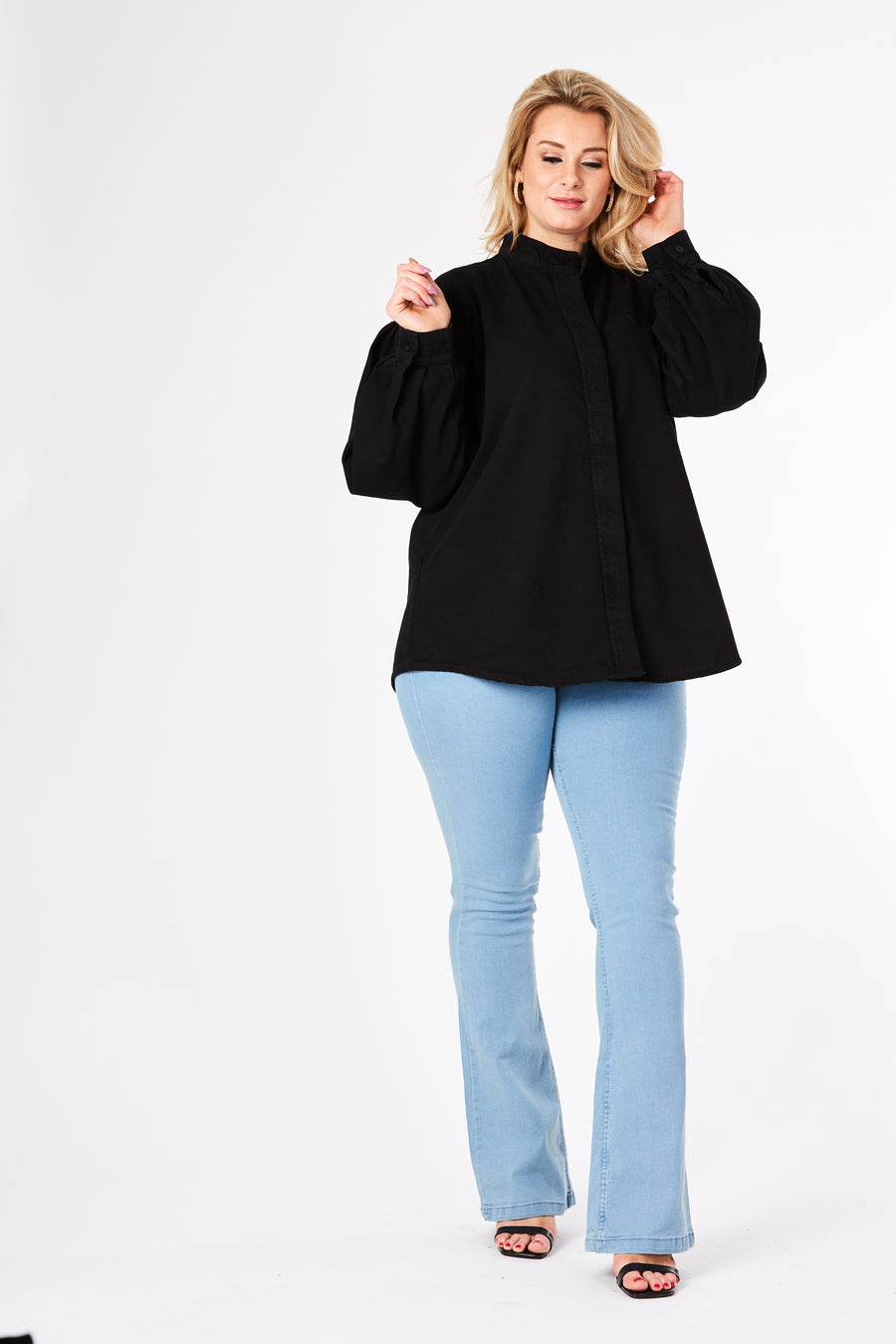 PLUS SIZE BALLOON SLEEVE DENIM SHIRT - BLACK