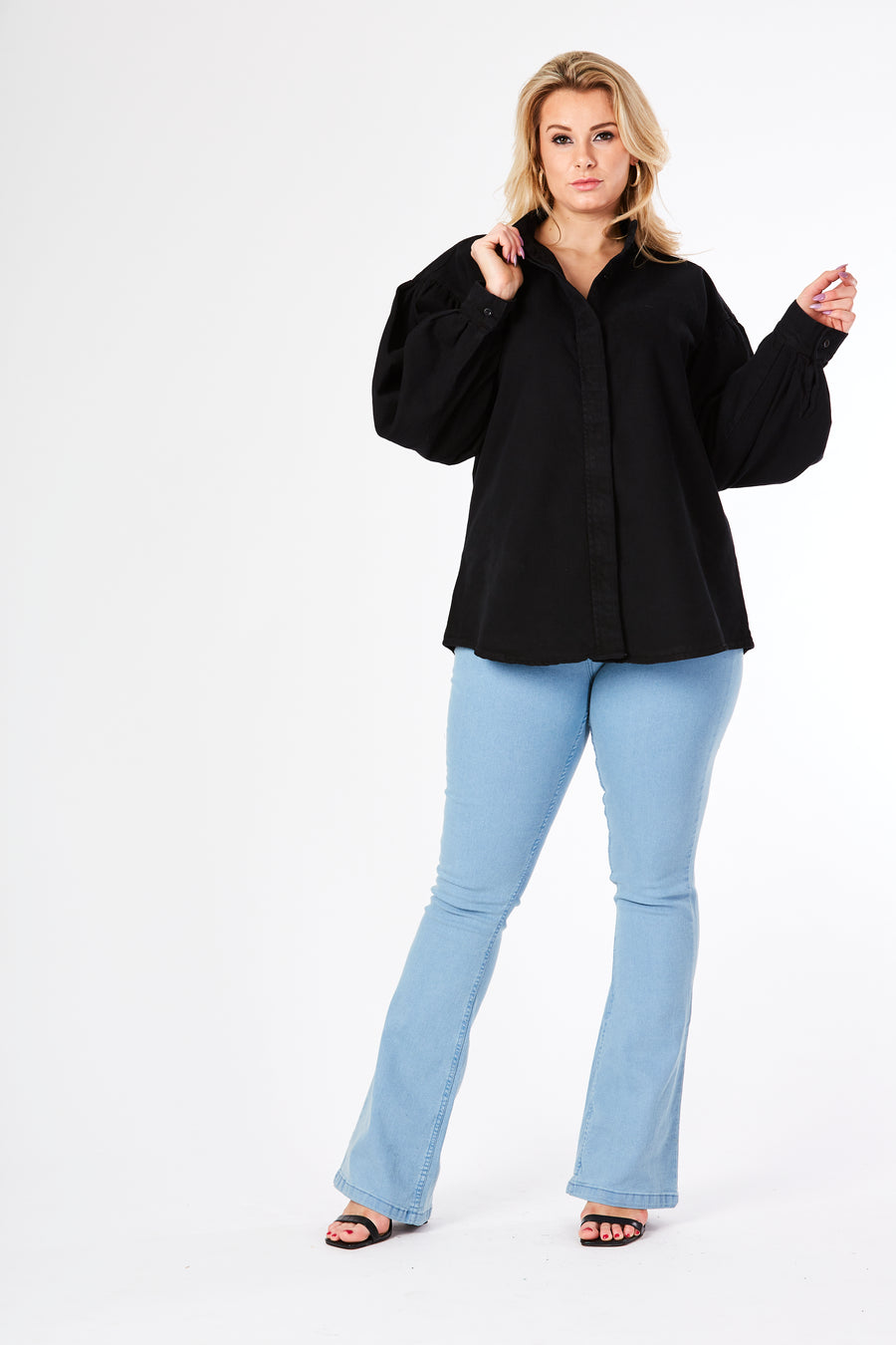 PLUS SIZE BALLOON SLEEVE DENIM SHIRT - BLACK