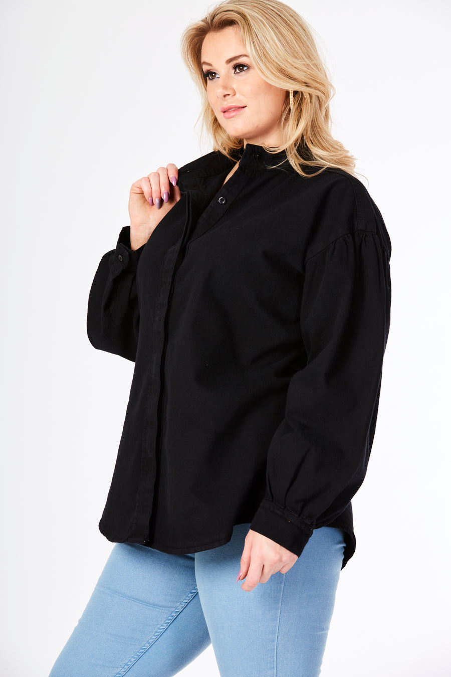 PLUS SIZE BALLOON SLEEVE DENIM SHIRT - BLACK