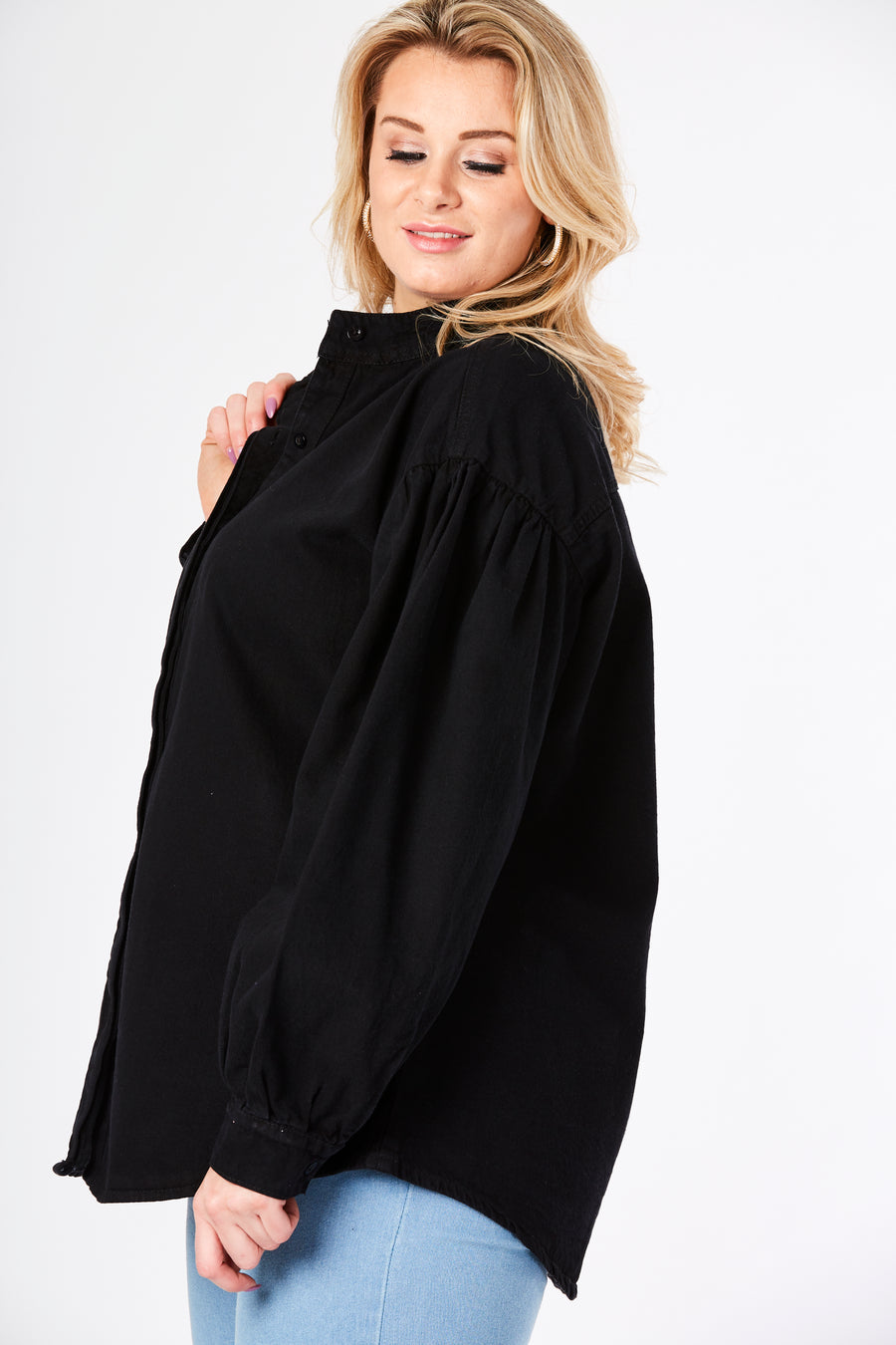 PLUS SIZE BALLOON SLEEVE DENIM SHIRT - BLACK