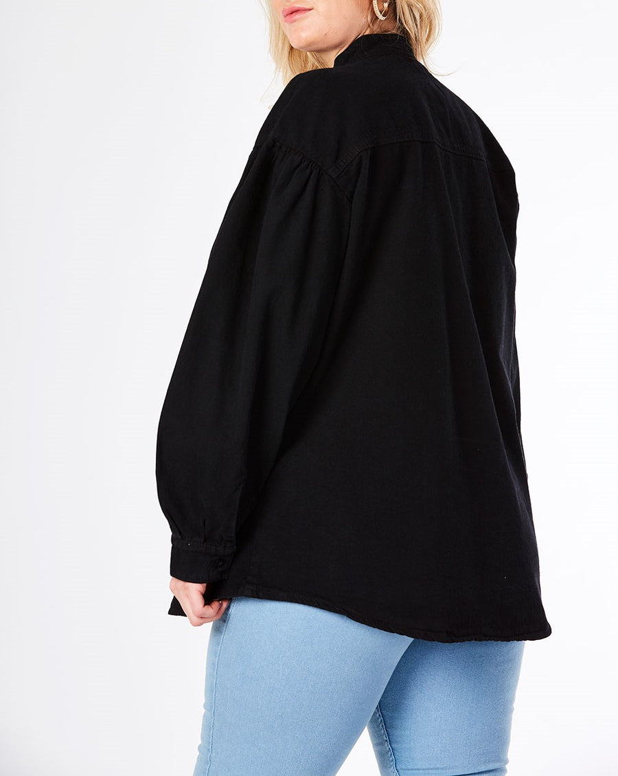 PLUS SIZE BALLOON SLEEVE DENIM SHIRT - BLACK