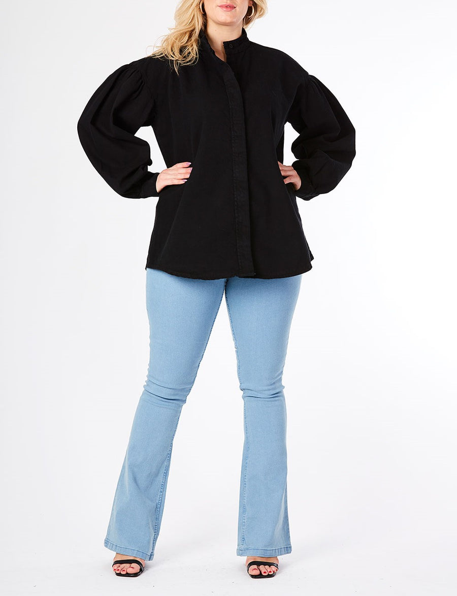 PLUS SIZE BALLOON SLEEVE DENIM SHIRT - BLACK
