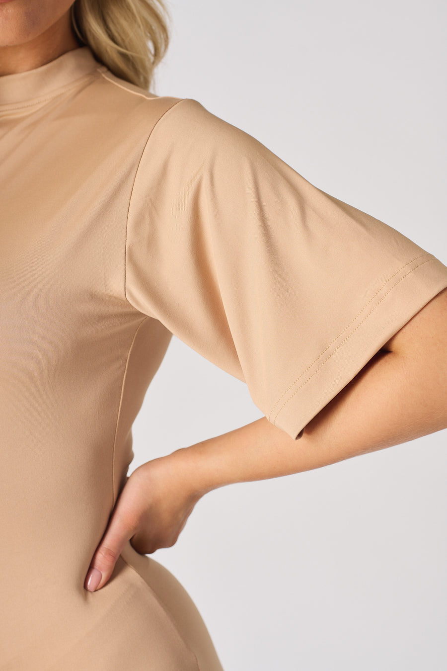 RUCHED DETAIL SHORT SLEEVE MINI DRESS - BEIGE -  Women's Dresses