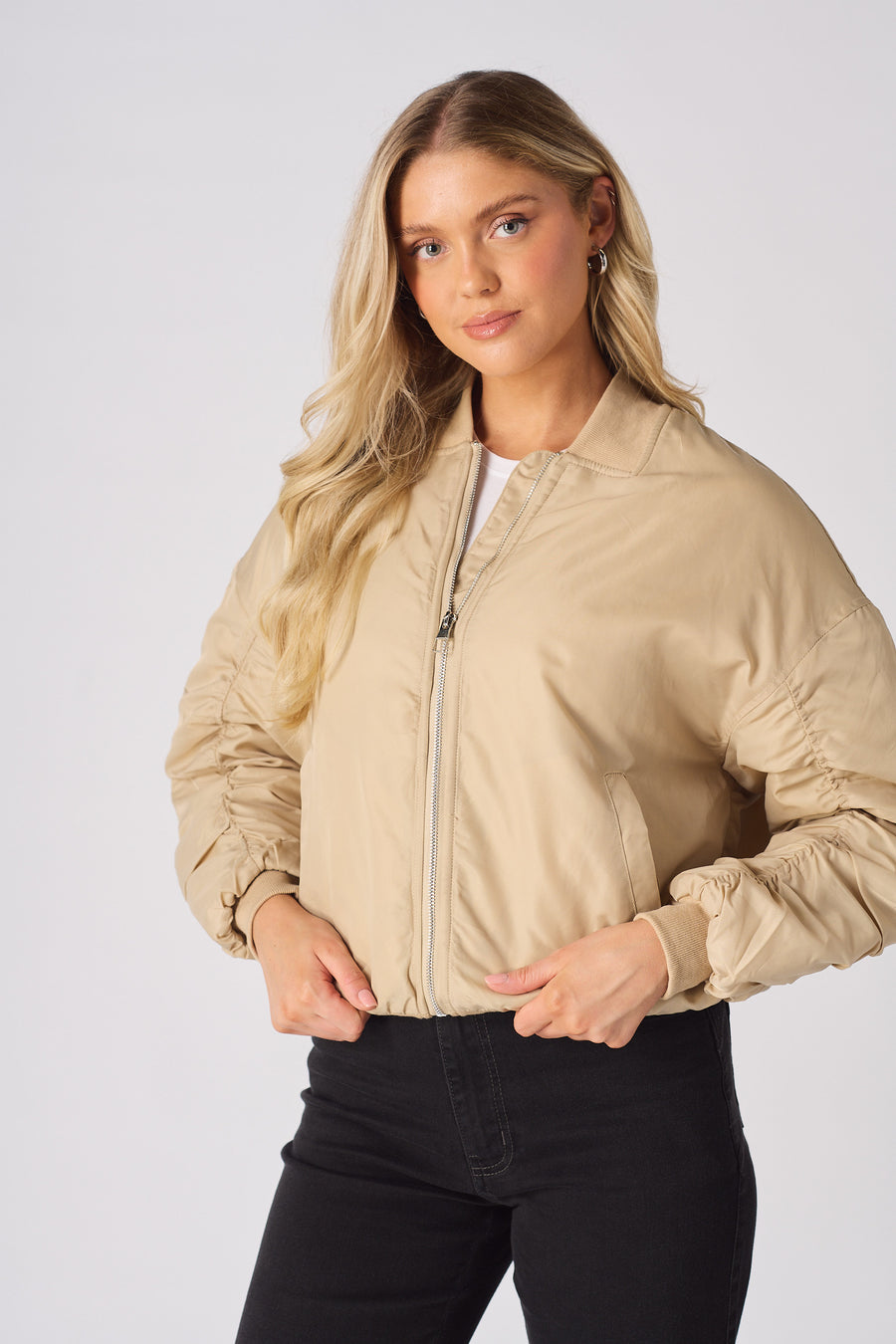 RUCHED SLEEVE BOMBER JACKET - BEIGE -  Women's Bomber Jackets