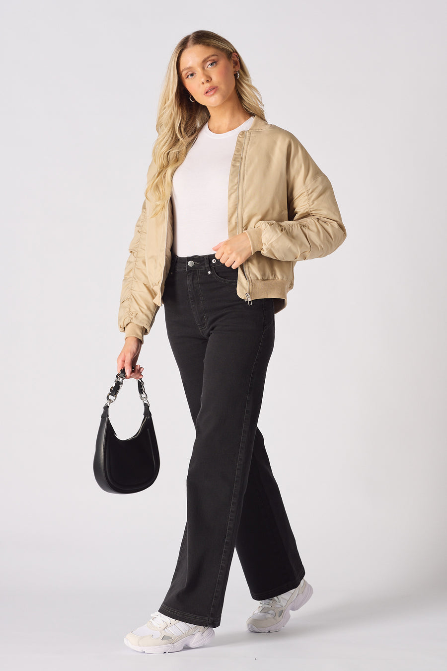 RUCHED SLEEVE BOMBER JACKET - BEIGE -  Women's Bomber Jackets