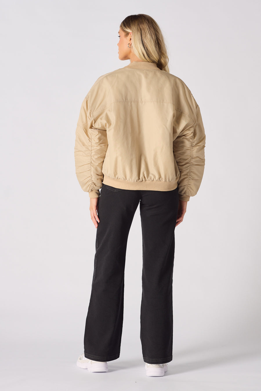 RUCHED SLEEVE BOMBER JACKET - BEIGE -  Women's Bomber Jackets