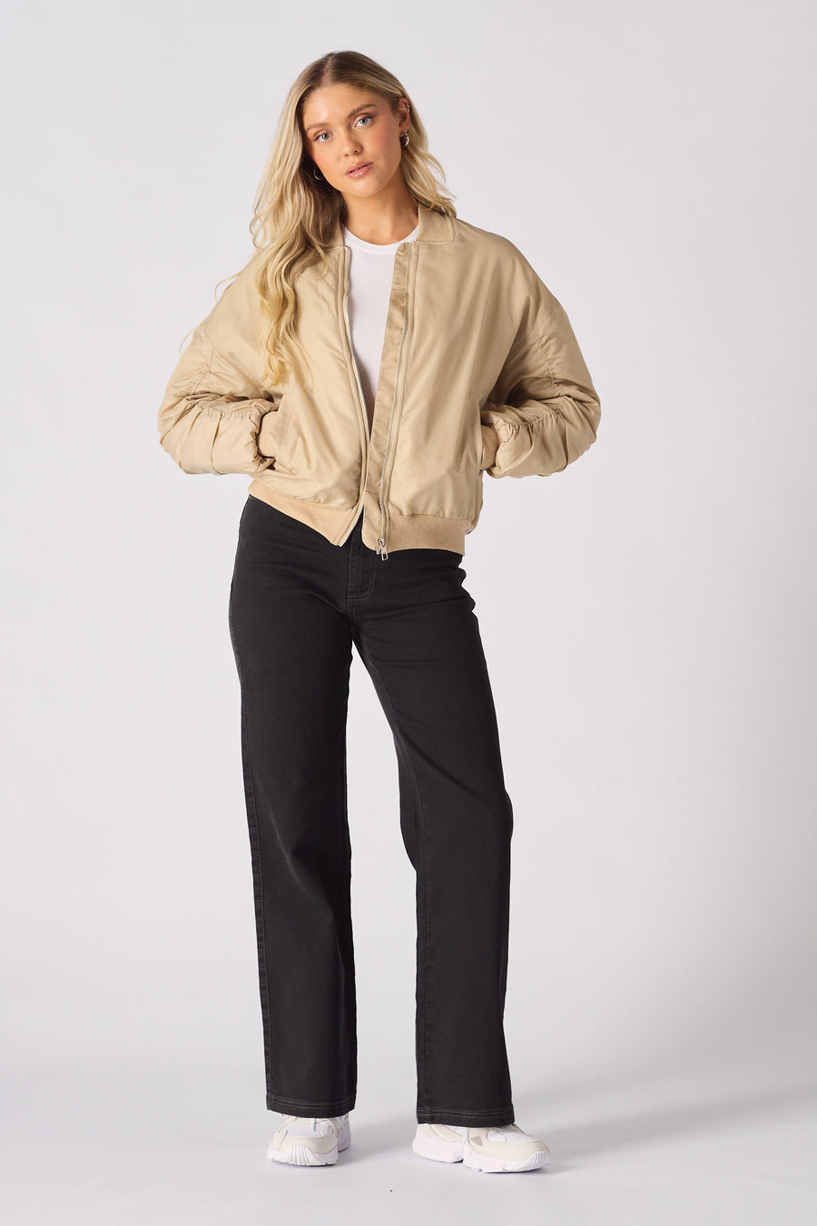 RUCHED SLEEVE BOMBER JACKET - BEIGE -  Women's Bomber Jackets