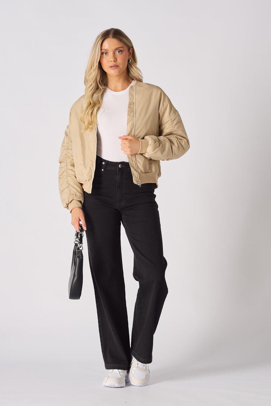 RUCHED SLEEVE BOMBER JACKET - BEIGE -  Women's Bomber Jackets