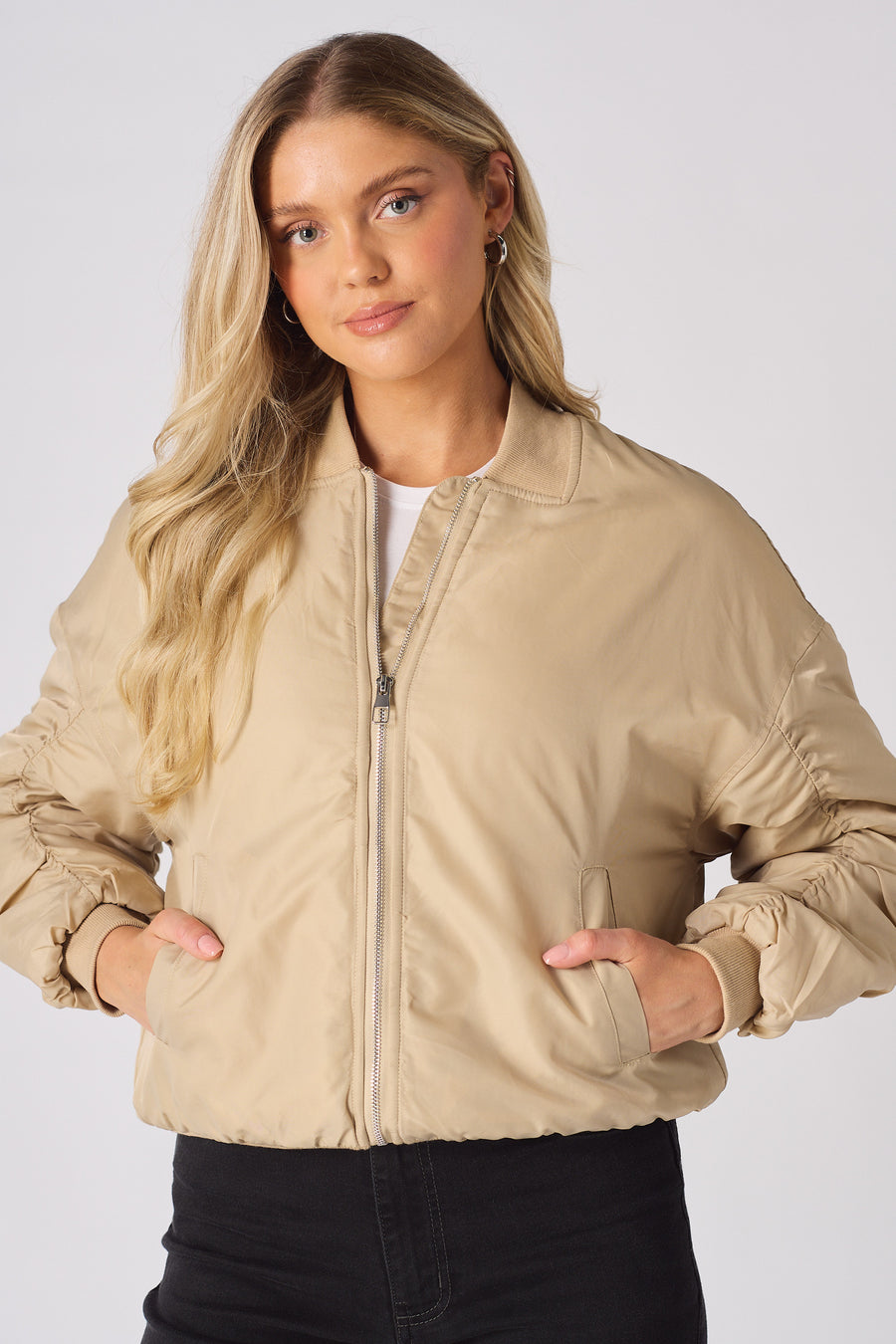 RUCHED SLEEVE BOMBER JACKET - BEIGE -  Women's Bomber Jackets