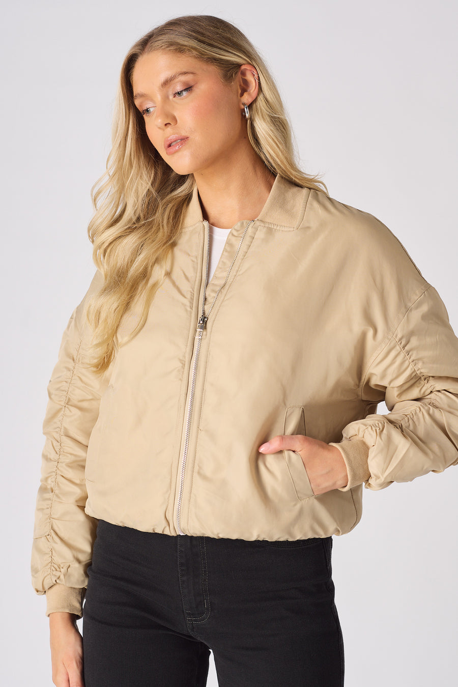 RUCHED SLEEVE BOMBER JACKET - BEIGE -  Women's Bomber Jackets